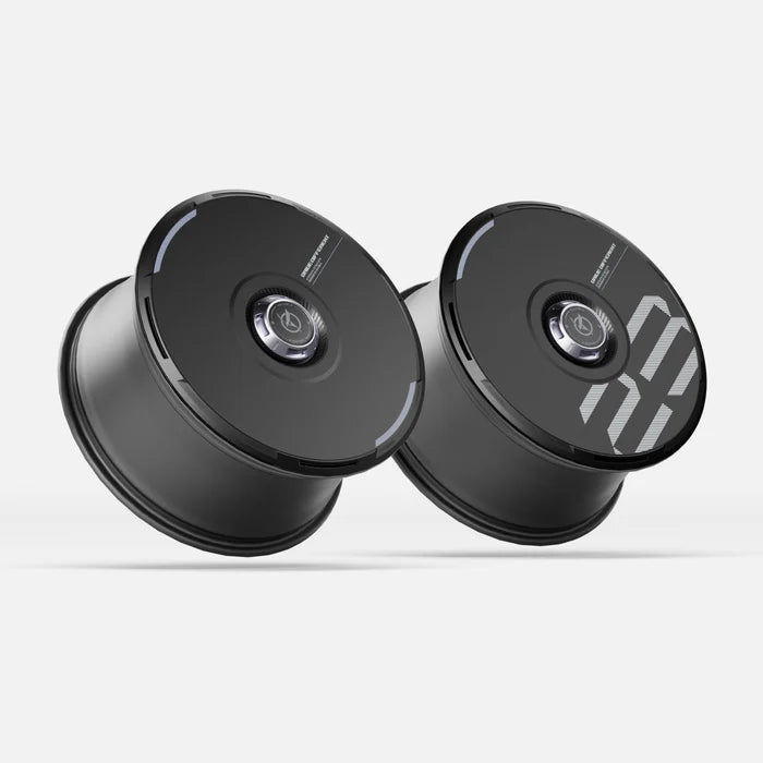 Pair of HALODISC 2 black Tesla wheel covers with grey accent rings