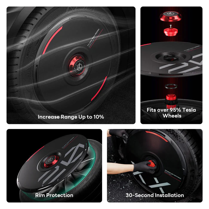 HALODISC 2 features: up to 10% range increase, fits over 95% of Tesla wheels, rim protection and 30-second installation