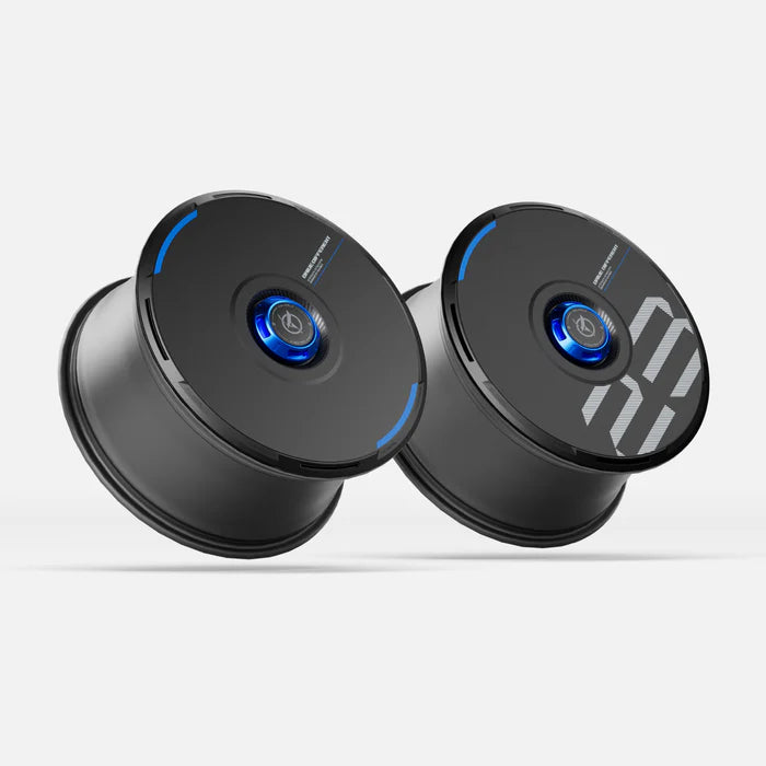 Pair of HALODISC 2 black Tesla wheel covers with blue accent rings